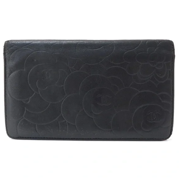 AUTH CHANEL Camellia Lambskin Long Wallet Black - Picture 3 of 11